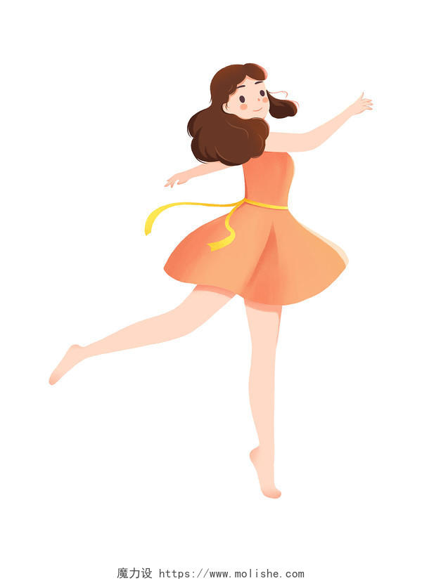 橙色手绘卡通女孩跳舞翩翩起舞元素PNG素材